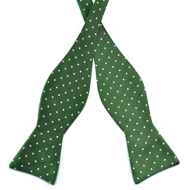 PenSee Mens Self Bow Tie Green and White Polka Dot Silk Bow Ties - Image 2